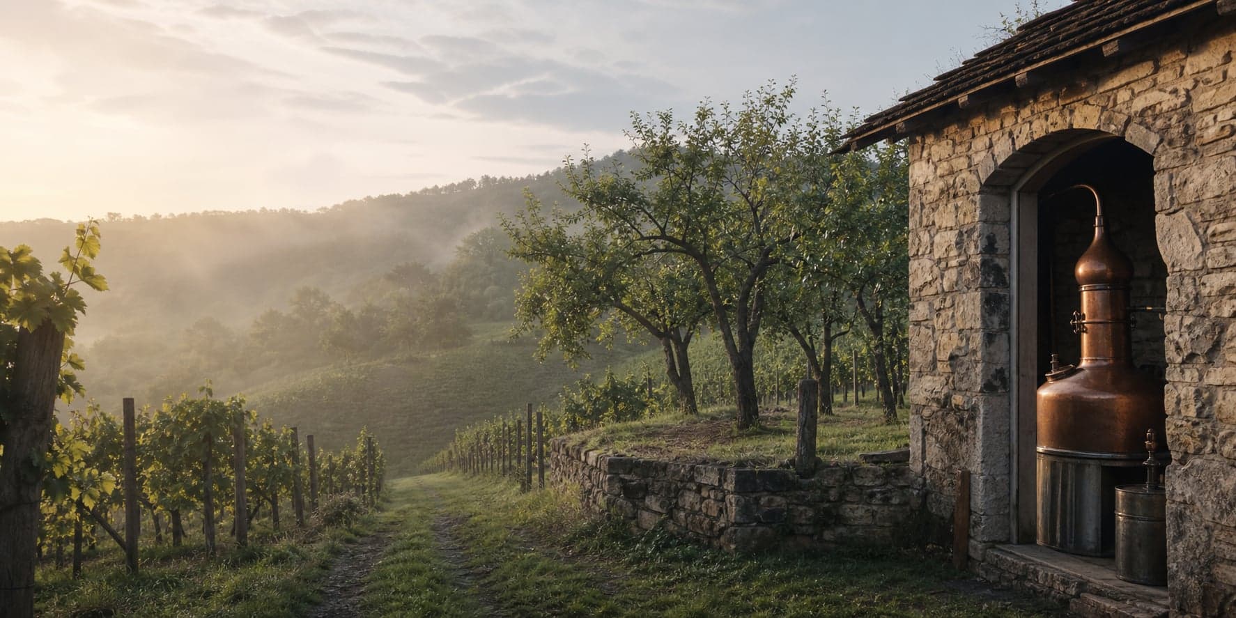 Vineyard, orchard and copper still